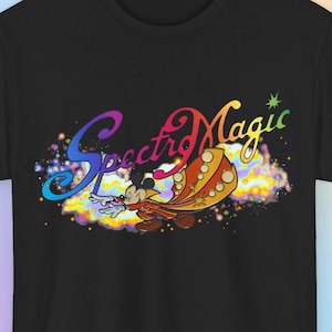 Disney World Spectromagic parade logo with Spectro Mickey under it doing magic
