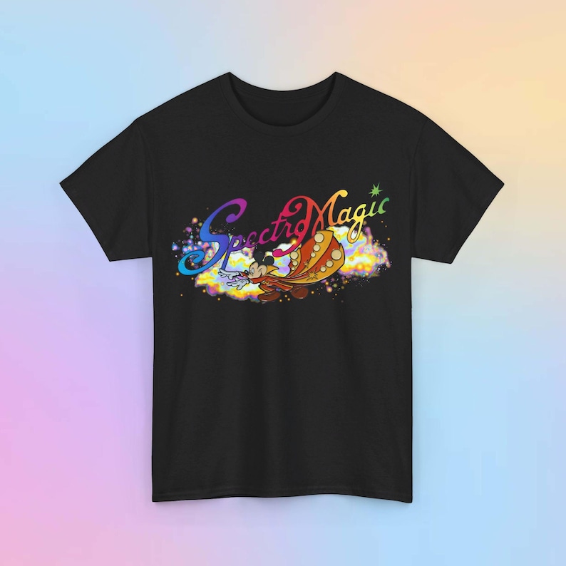 Disney World Spectromagic parade logo with Spectro Mickey under it doing magic