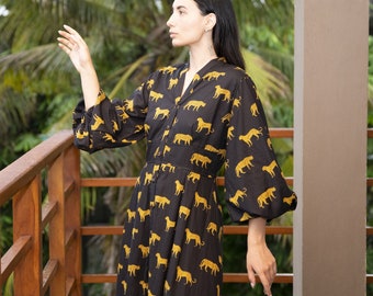 Leopard Print Maxi Dress, Bishop sleeve
