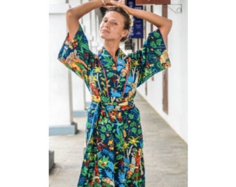 Navy Blue Frida Kahlo Kimono, robe, dressing gown, nightwear