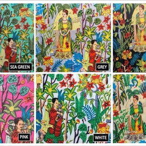 May include: A colorful fabric with a repeating pattern of a woman in a green dress holding a bird, surrounded by flowers and leaves. The fabric is available in 10 colors: sea green, grey, black, pink, white, beige, yellow, blue, red, and orange.