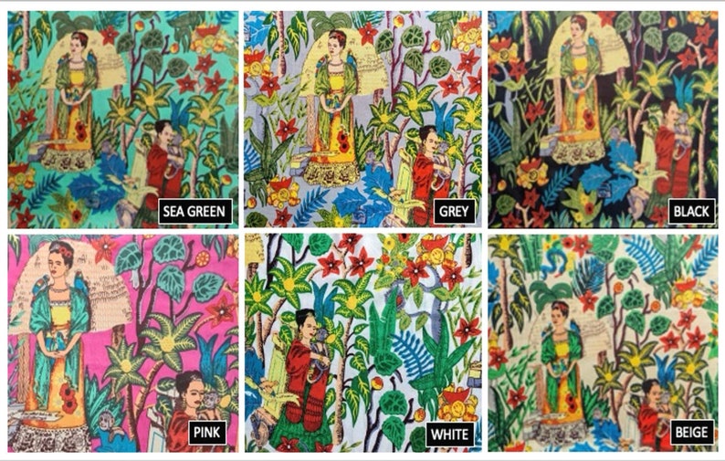 May include: A colorful fabric with a repeating pattern of a woman in a green dress holding a bird, surrounded by flowers and leaves. The fabric is available in 10 colors: sea green, grey, black, pink, white, beige, yellow, blue, red, and orange.