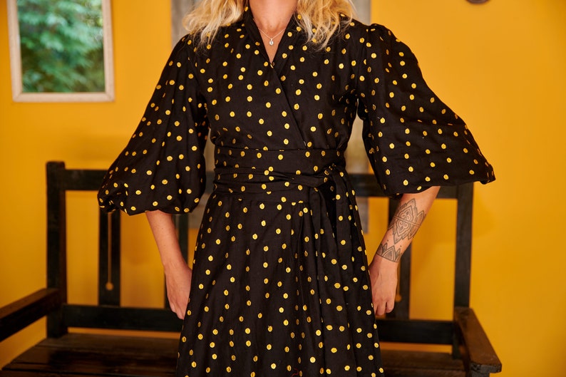 Luxury Handloom Gold Polka Dot Wrap Maxi Dress image 3