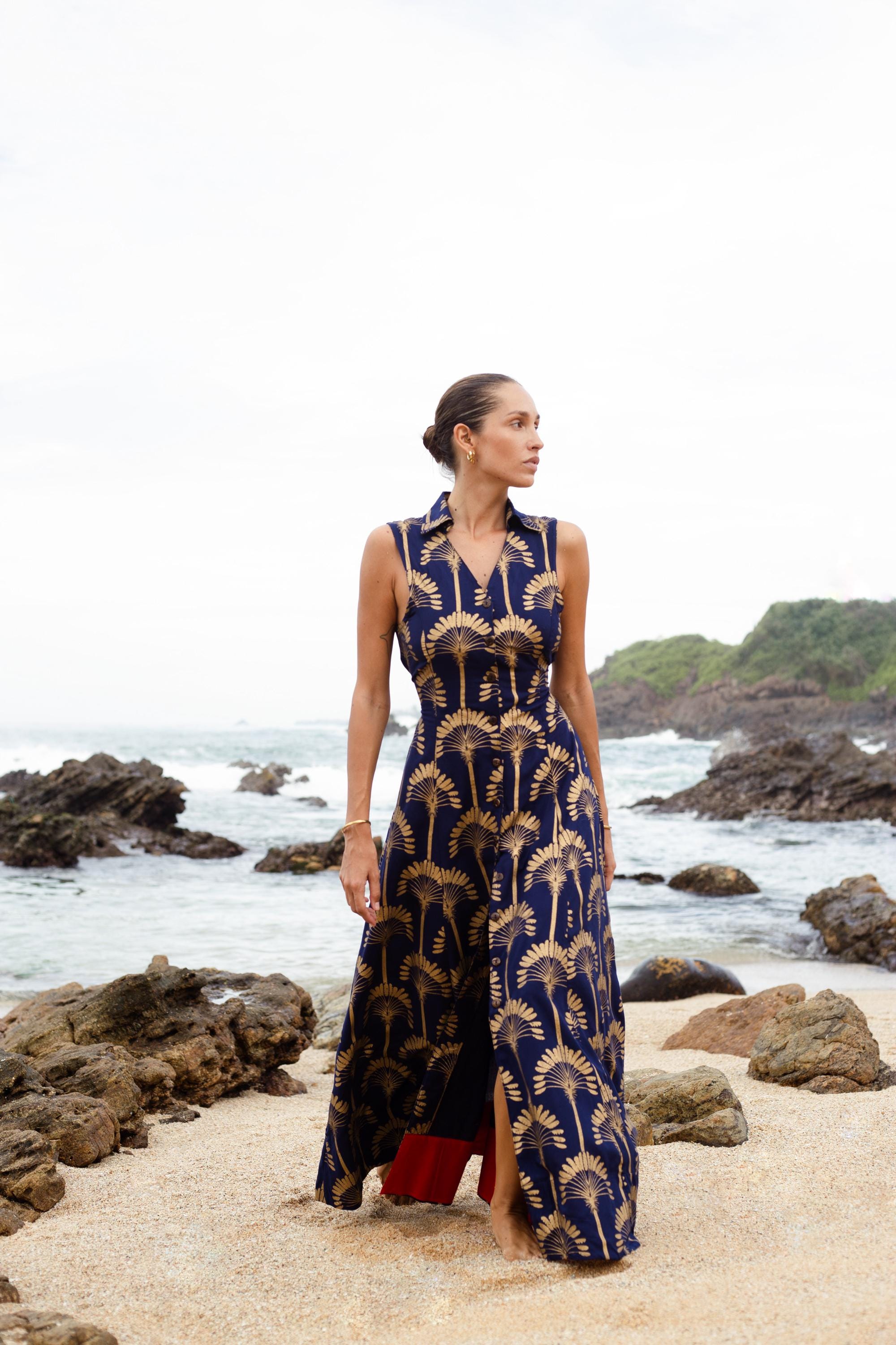 Navy Blue Rayon Summer Dress With Gold Palm Tree Print – Backless Tropical Maxi Dress for Women