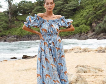 Off Shoulder Animal Print Maxi Dress
