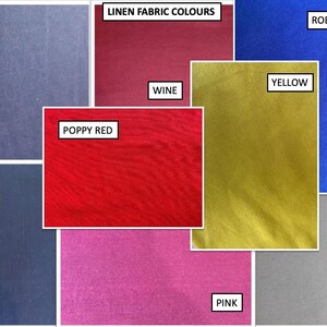 May include: Linen fabric swatches in various colors, including blue, navy, poppy red, wine, yellow, robin blue, pink, and grey. The text "LINEN FABRIC COLOURS" is at the top of the image.