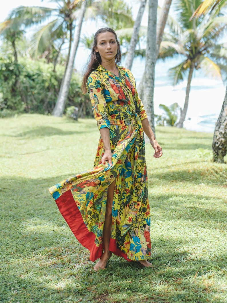 Wrap Around dress with Frida Kahlo print Maxi Dress Long Dress zdjęcie 5