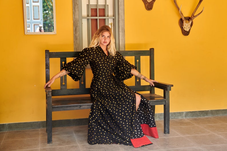 Luxury Handloom Gold Polka Dot Wrap Maxi Dress image 2