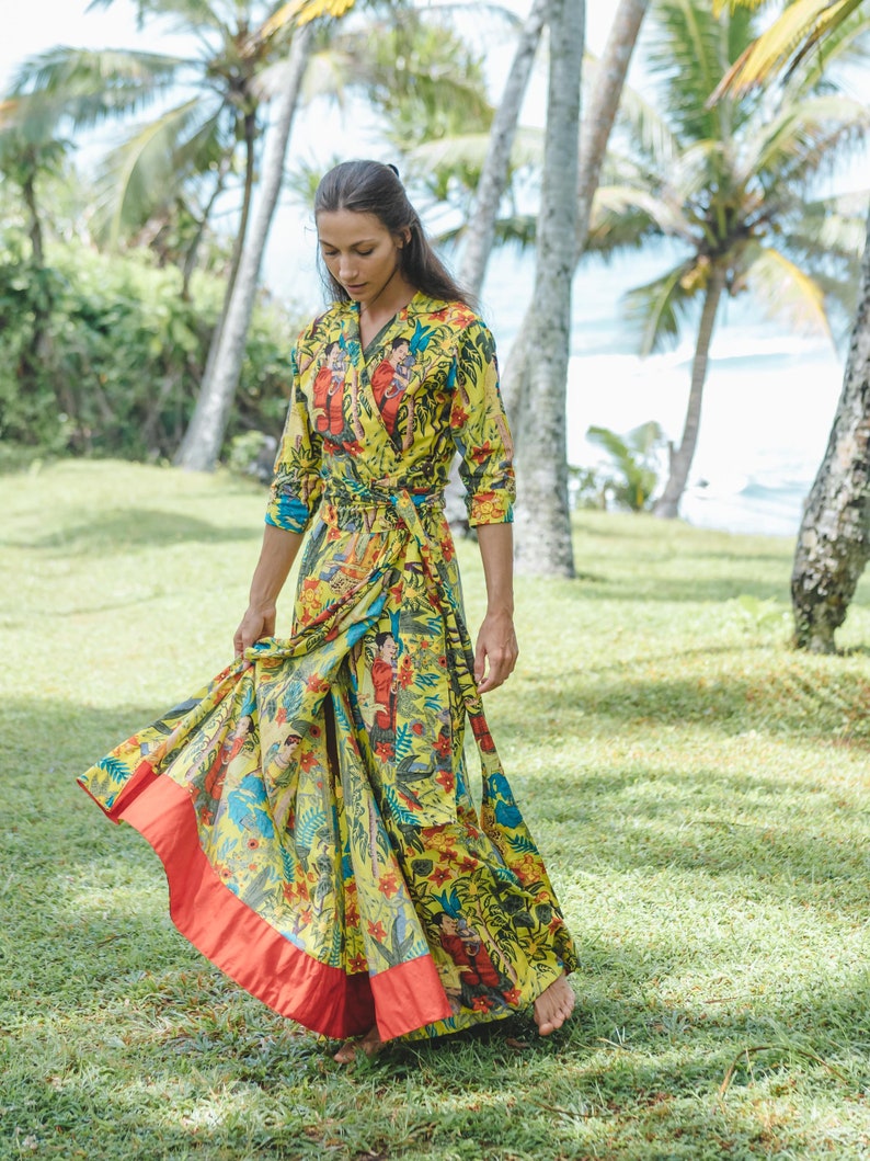 Wrap Around dress with Frida Kahlo print Maxi Dress Long Dress image 4