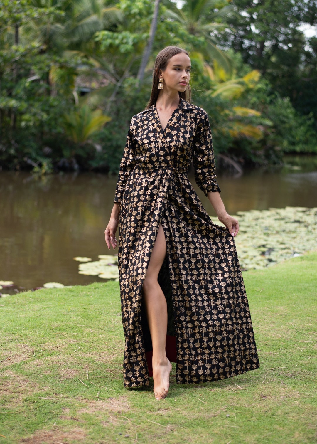 maxi black and gold dress Arabella Sleeveless Gold Foil High Slit Formal Dress - Black | Occasion  Dress in Sizes XXS–6X main image 0