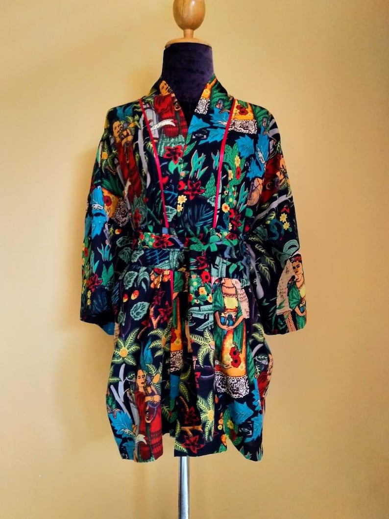 Frida Kahlo inspired cotton Kimono robe Bridesmaid robe Floral kimono robe Pyjama cover Beach cover zdjęcie 6