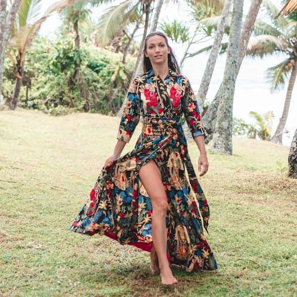 Wickelkleid mit Frida-Kahlo-Print – Maxikleid – langes Kleid