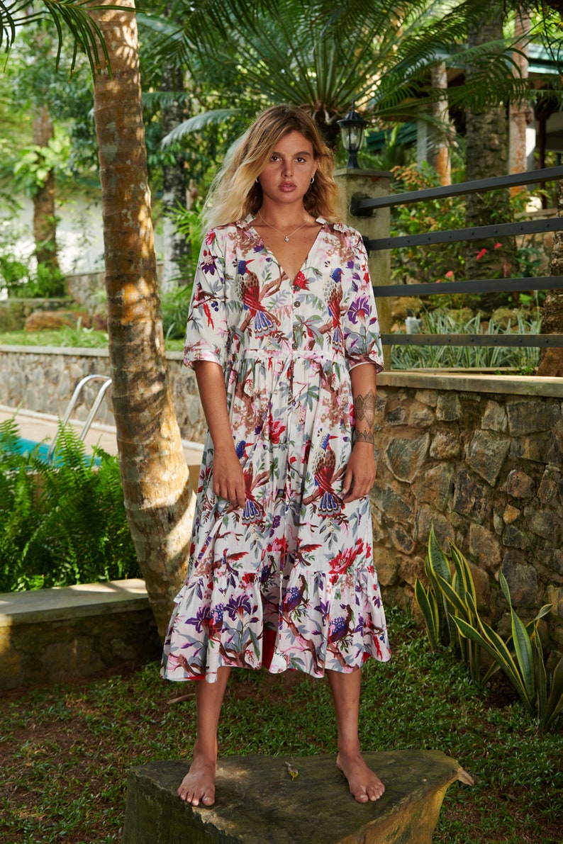 Midi Tiered Dress, Birds of Paradise fabric image 2