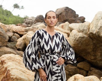 Eva Ikat Maxi Dress – Bishop Sleeves – Cotton Dress with Obi Belt – Green or Black