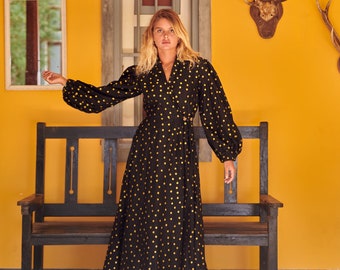 Luxury Handloom Gold Polka Dot Wrap Maxi Dress