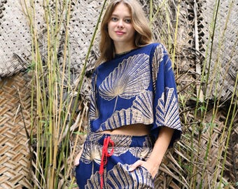 palm Leaf Printed Crop Top and Wide Leg Pants - Crop top - Pants