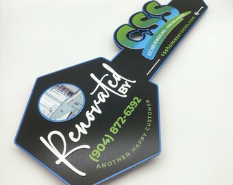 Renovated by Key Sign, Custom Signage with Logo, Photo Prop Accessory, Сompletion of Сonstruction