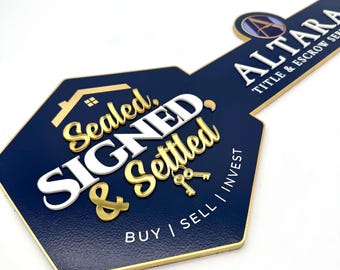 Sealed, Signed, Settled Key Sign, Gold Mirror Key with Logo, Custom Wooden Accessory