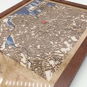 Carte personnalisée découpée au laser de n'importe quelle ville du monde, carte de la ville gravée, carte en bois 3D de la ville, art mural en bois personnalisé, carte en bois