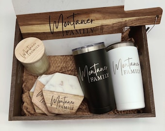 Cesta de regalo para casa nueva, madera de acacia, posavasos de mármol, vela aromática