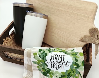 Housewarming cadeaumand, onroerend goed sluitingscadeaumand, gepersonaliseerde kaasplankset, op maat gegraveerd onroerend goed logo, klantcadeau