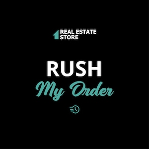 May include: A teal blue house icon with the text "REAL ESTATE STORE" below it. The text "RUSH My Order" is in white with a teal blue stylized clock icon below it.
