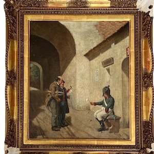 Antique Oil Painting &quot;Bohemian Musicians&quot; by N. Sicard, Framed Artwork, Vintage Bohemian Style