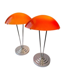 Pair of Vintage IKEA Kupol B9311 Lamps – 1995 Orange Glass Mushroom Shades & Chrome Base, Scandinavian Modern Design Icons