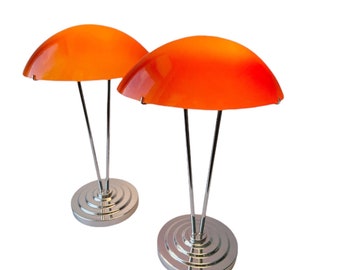 Coppia di lampade da scrivania vintage IKEA Kupol B9311 in vetro arancione, design scandinavo del 1995.
