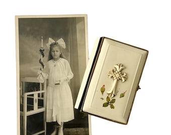Antico libro di preghiere cattoliche in celluloide con fotografia della prima comunione – Germania, c. 1890-1910