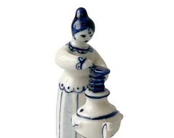 Vintage Gzhel Ceramic Folk Art Figurine - Handcrafted Blue & White Glazed USSR 1970s-80s