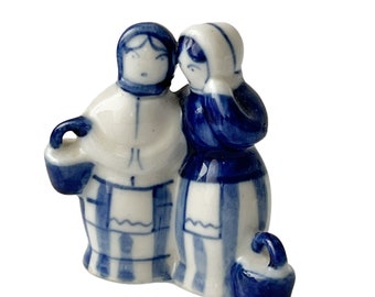 Vintage Gzhel Ceramic Folk Art Figurine - Handcrafted Blue & White Glazed USSR 1970s-80s
