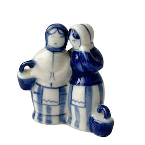 Vintage Gzhel Ceramic Folk Art Figurine - Handcrafted Blue & White Glazed USSR 1970s-80s