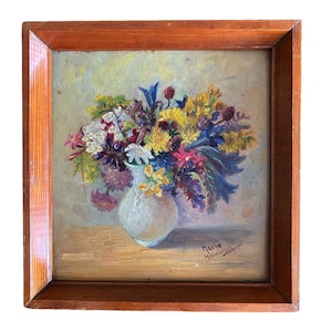 Naturaleza muerta con flores de Hedda Hawlitzek (1900-1974): vibrante arreglo de flores silvestres, óleo sobre tabla firmado, enmarcado