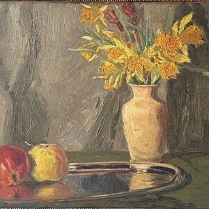 Pintura al óleo original de Georg Lehmann-Fahrwasser: Naturaleza muerta con flores amarillas y manzanas, c. 1915, enmarcada.
