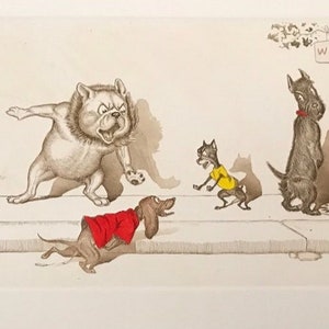 May include: A black and white illustration of a group of dogs walking down a sidewalk. The dogs are wearing different colored clothing and one dog is running away from another dog. The text "A la guerre!" is written in the bottom left corner of the image.