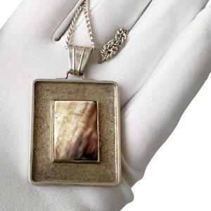 Vintage Silver Pendant with Mother-of-Pearl Gemstone and Sterling Silver Chain.