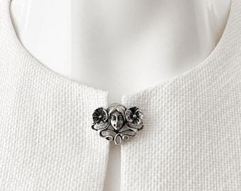 Vintage 925 Silver Art Nouveau Style Woman and Flower Brooch