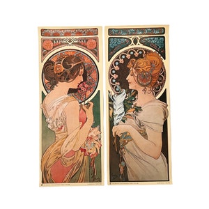 Art Nouveau ALPHONSE MUCHA Prints. The Primrose and The Feather. Set of Two. Original Art Print.