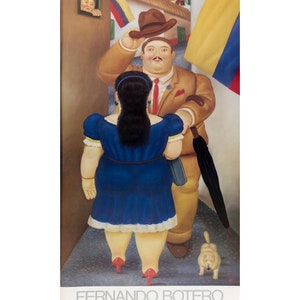 May include: A painting by Fernando Botero titled "Recent Painting" depicting a man and woman in a street scene. The man is wearing a brown hat and a suit, and the woman is wearing a blue dress. The painting is set against a backdrop of colorful flags.