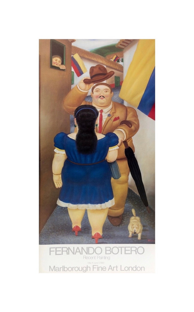 May include: A painting by Fernando Botero titled "Recent Painting" depicting a man and woman in a street scene. The man is wearing a brown hat and a suit, and the woman is wearing a blue dress. The painting is set against a backdrop of colorful flags.