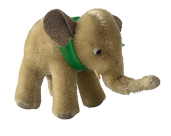 Elefante vintage Steiff Mohair – Peluche grigio con orecchie in feltro e zanne di plastica *