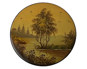 Joyero vintage de laca Fedoskino: miniatura rusa pintada a mano, años 60