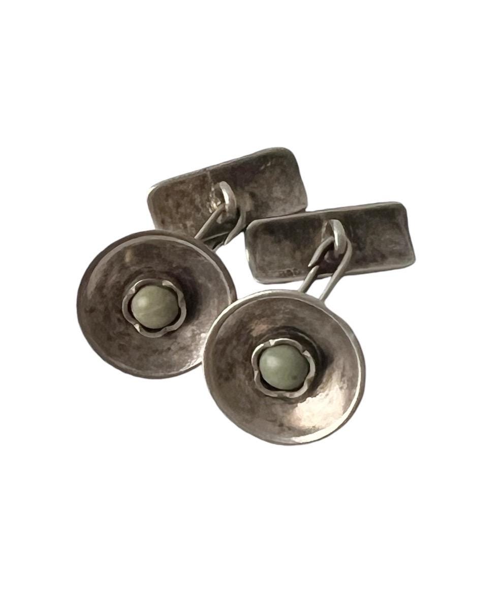 Boutons De Manchette Anciens Chinois - Argent Massif 925 Et Jadéite Verte Cabochon - Art Déco