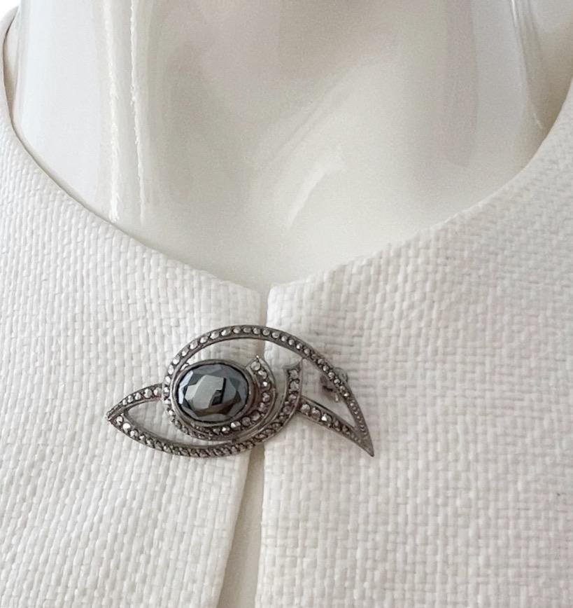 Broche Ancienne Art Déco Argent, Marcassites Et Hématite - Bijou Vintage