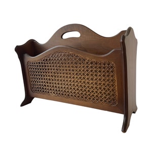 Vintage Mid-Century Magazine Rack | Solid Wood & Rattan | German Design (1950s–1970s)