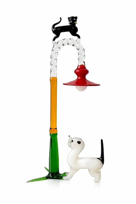 Lauscha Glass Figurine, Early 20th Century Cat Dog Streetlamp
