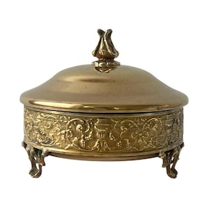 Vintage Brass Trinket Box with Lid and Embossed Floral Design.
