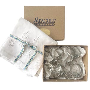 Vintage Set of 4 Napkin Rings by Seagull Canada Pewter. Vintage French Handcrafted Linen Napkin