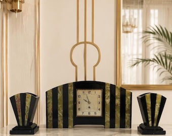 French Art Deco UCRA Marble Onyx Mantel Clock With Side Garnitures
